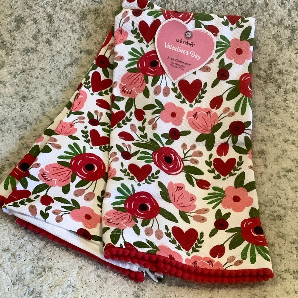 Valentine's Day Hearts Floral Colordrift Kitchen Towels NWT set of 2 cotton - Picture 16 of 16